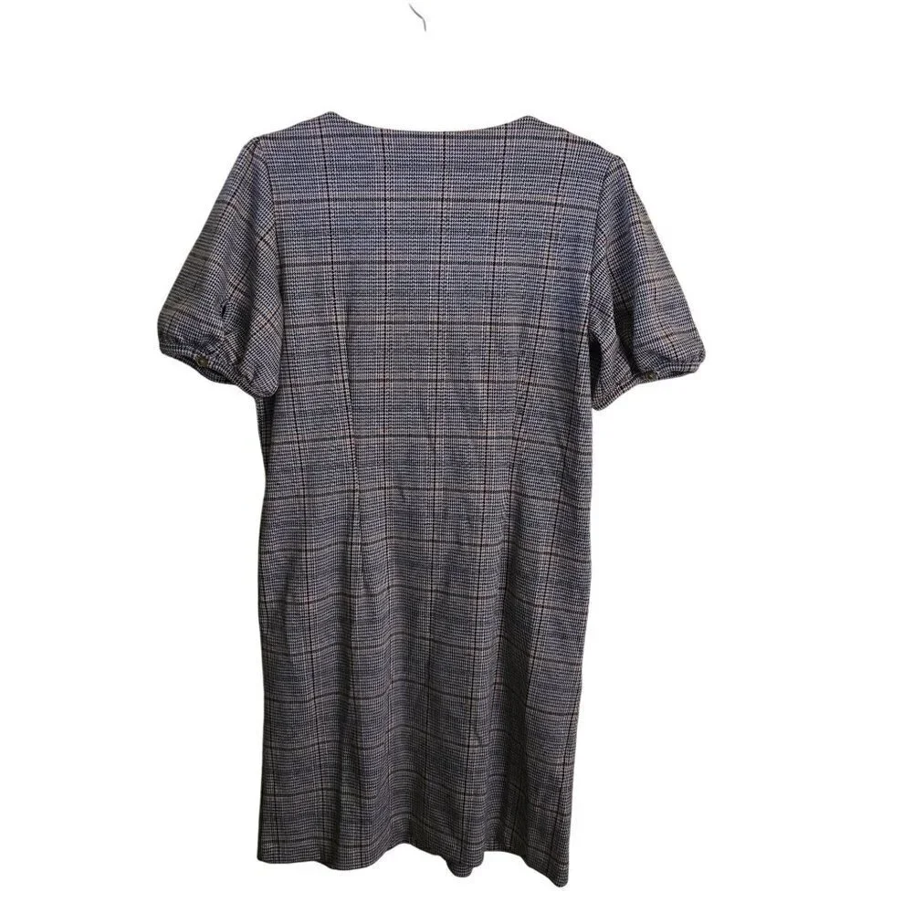 Loft Plaid Puff Sleeve Pocket Dress Neutral Tan Black Plaid Size 8